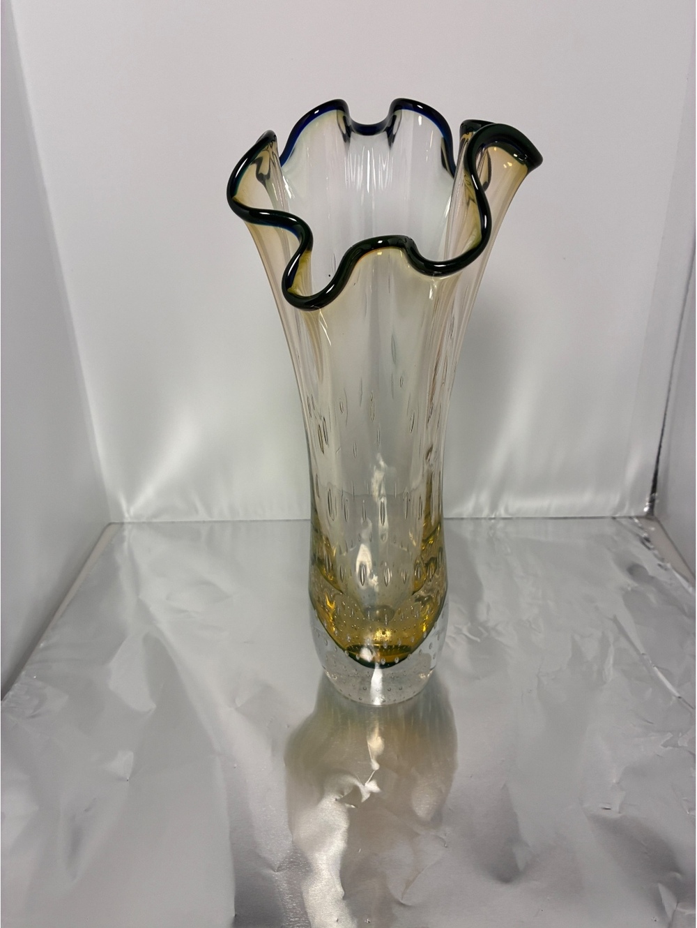 Signed Vintage Art Glass Vase with Ruffled Edge and Bubble Design, Signed